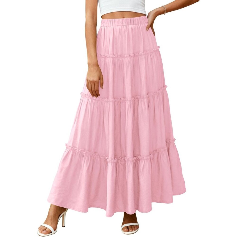 Women's Light Pink Boho Flowy A Line Tiered Beach Vacation Clothes Maxi Skirt - Picture 2 of 6